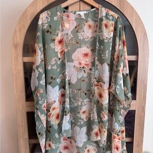 Emory Park Sage Floral Kimono - Lightweight Boho Open Front Cardigan - Large